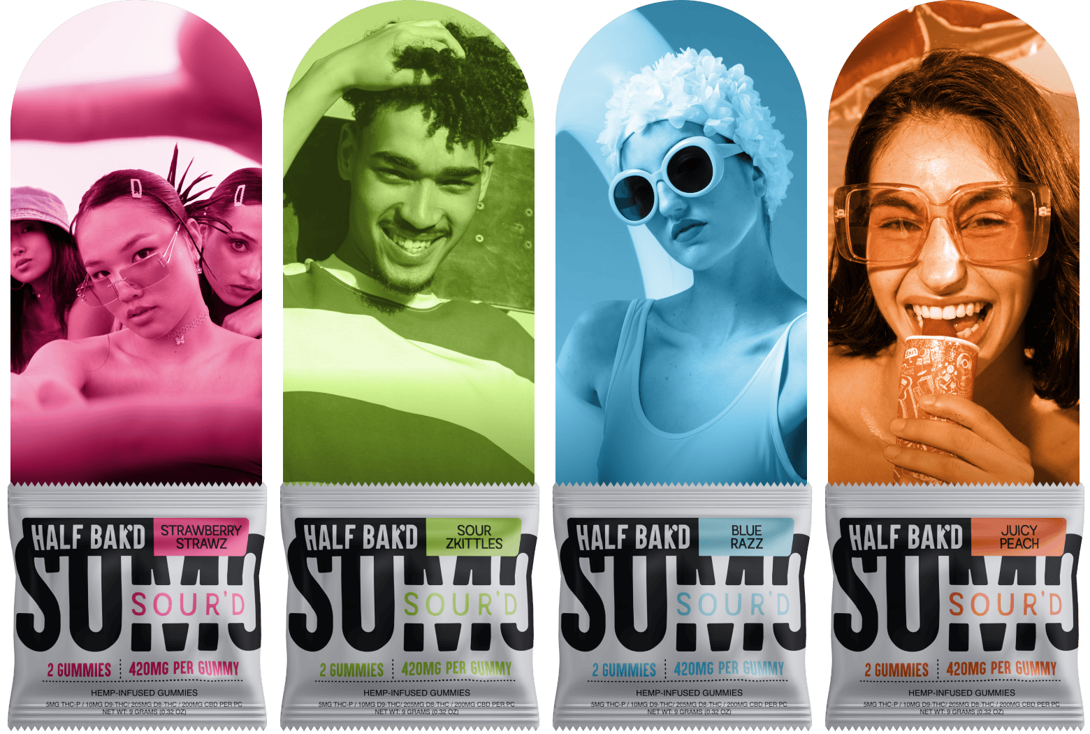 Four colorful packages of 'Half Baked Sunkist' with different characters on each, set against a white background.